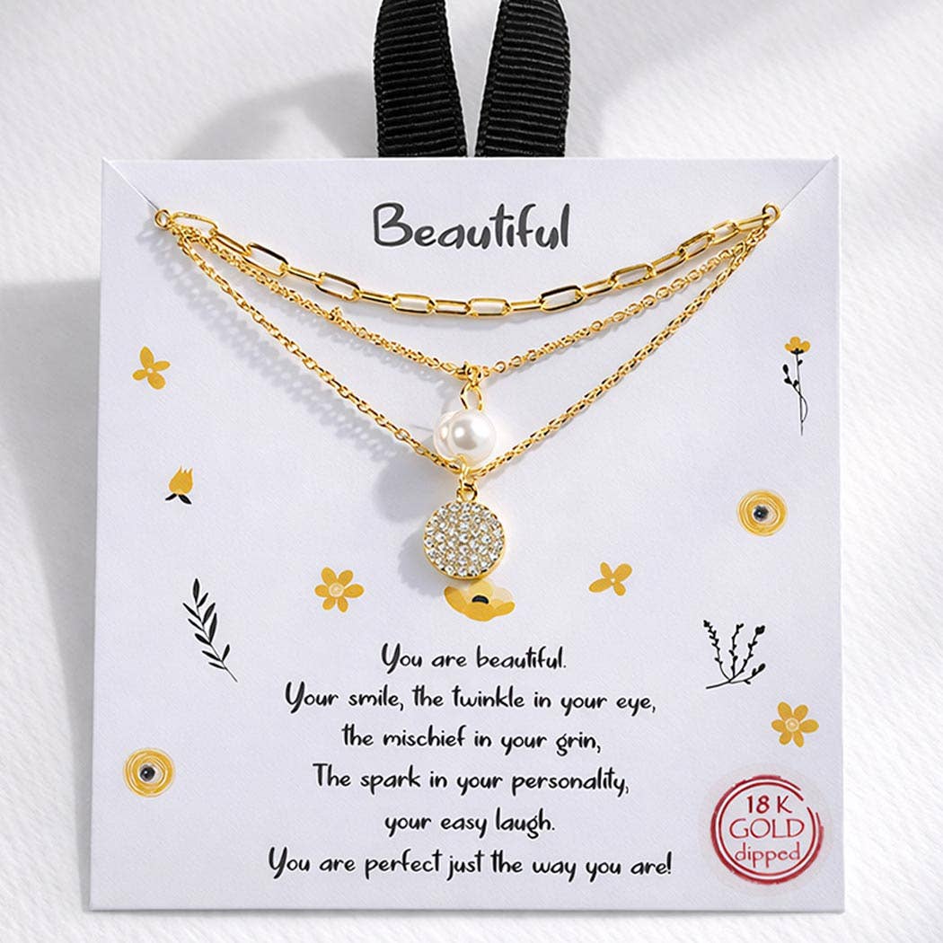 Gold-Dipped Layered Pearl Necklace - Triple Layered Chain