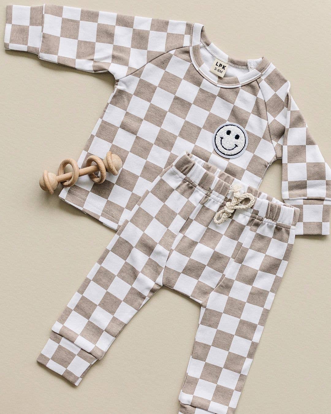 Lucky Panda Kids Checkered Smiley Lounge Set | Latte
