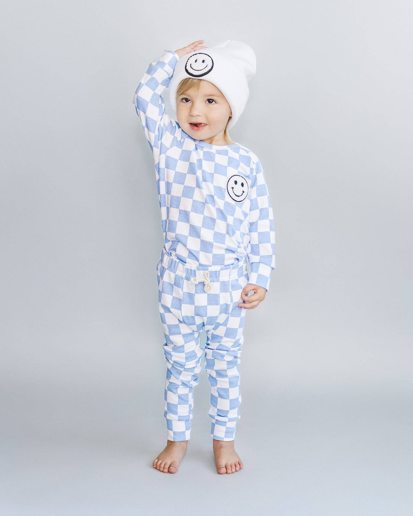 Lucky Panda Kids Checkered Smiley Lounge Set | Blue