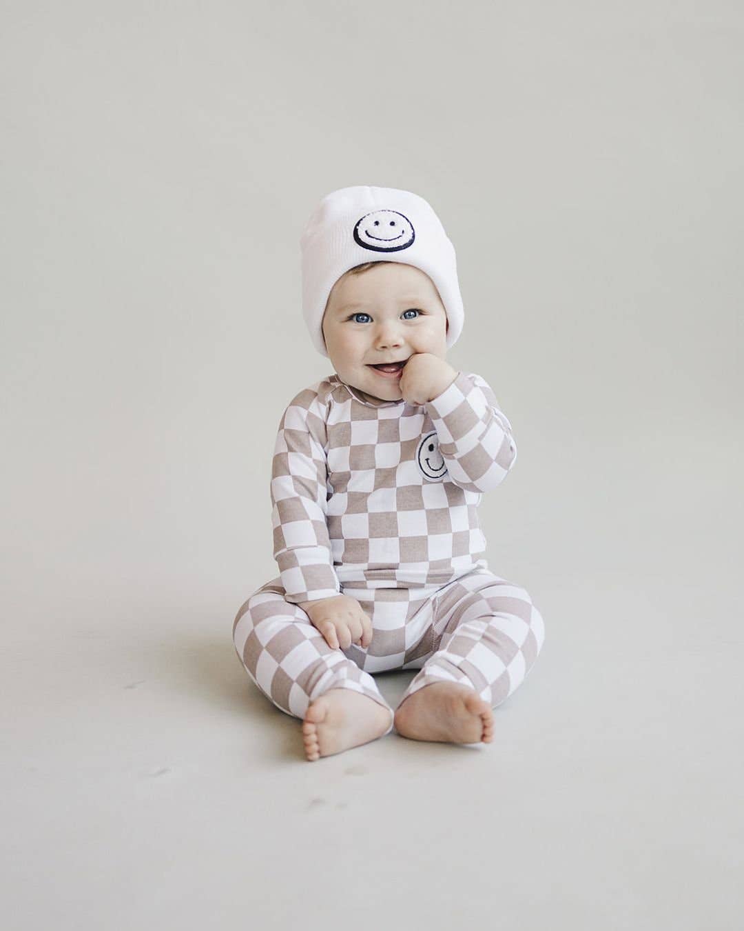 Lucky Panda Kids Checkered Smiley Lounge Set | Latte