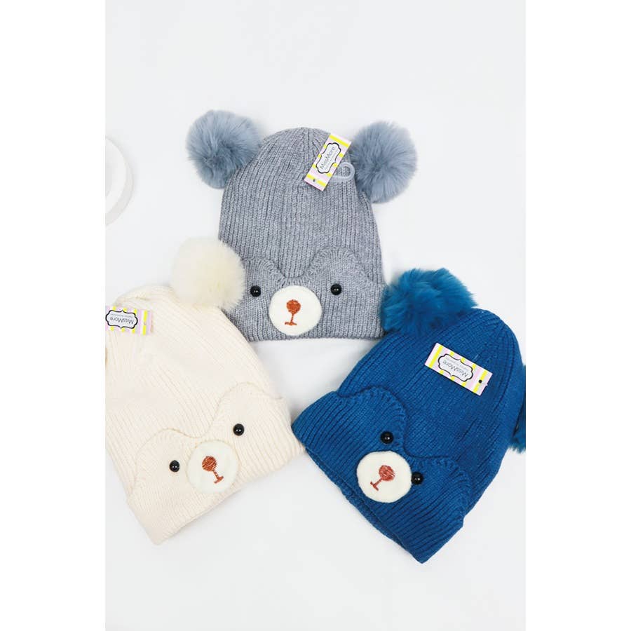 Kids Bear Pom Pom Knit Beanie