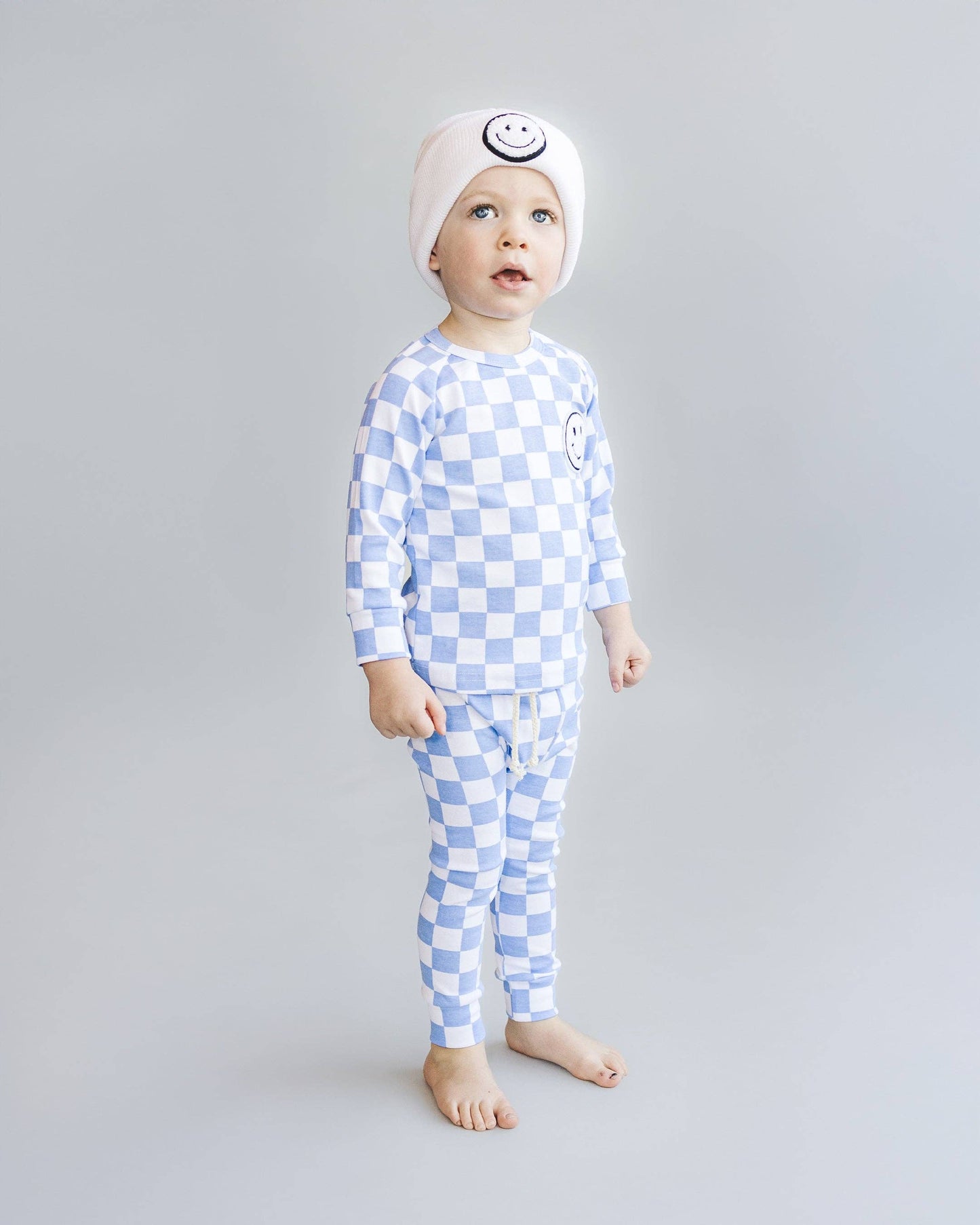 Lucky Panda Kids Checkered Smiley Lounge Set | Blue