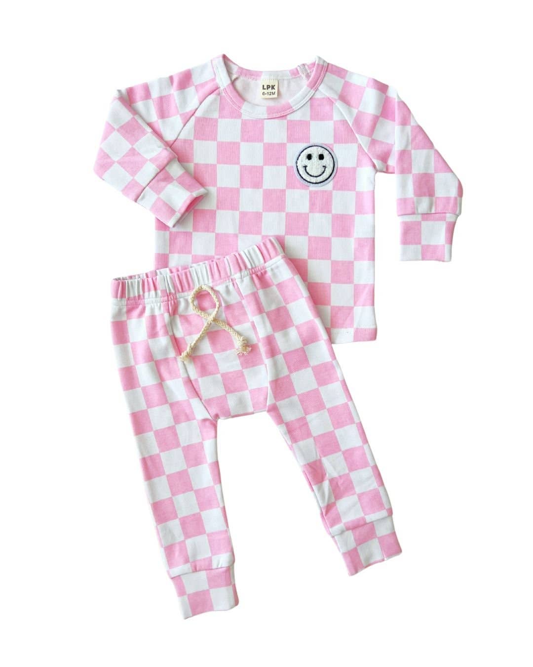 Lucky Panda Kids Checkered Smiley Lounge Set | Pink