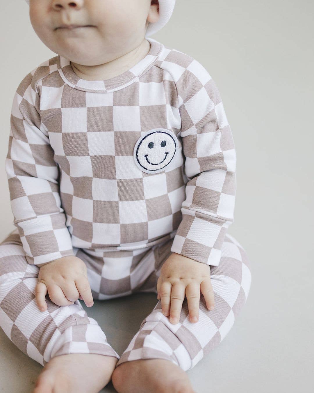 Lucky Panda Kids Checkered Smiley Lounge Set | Latte