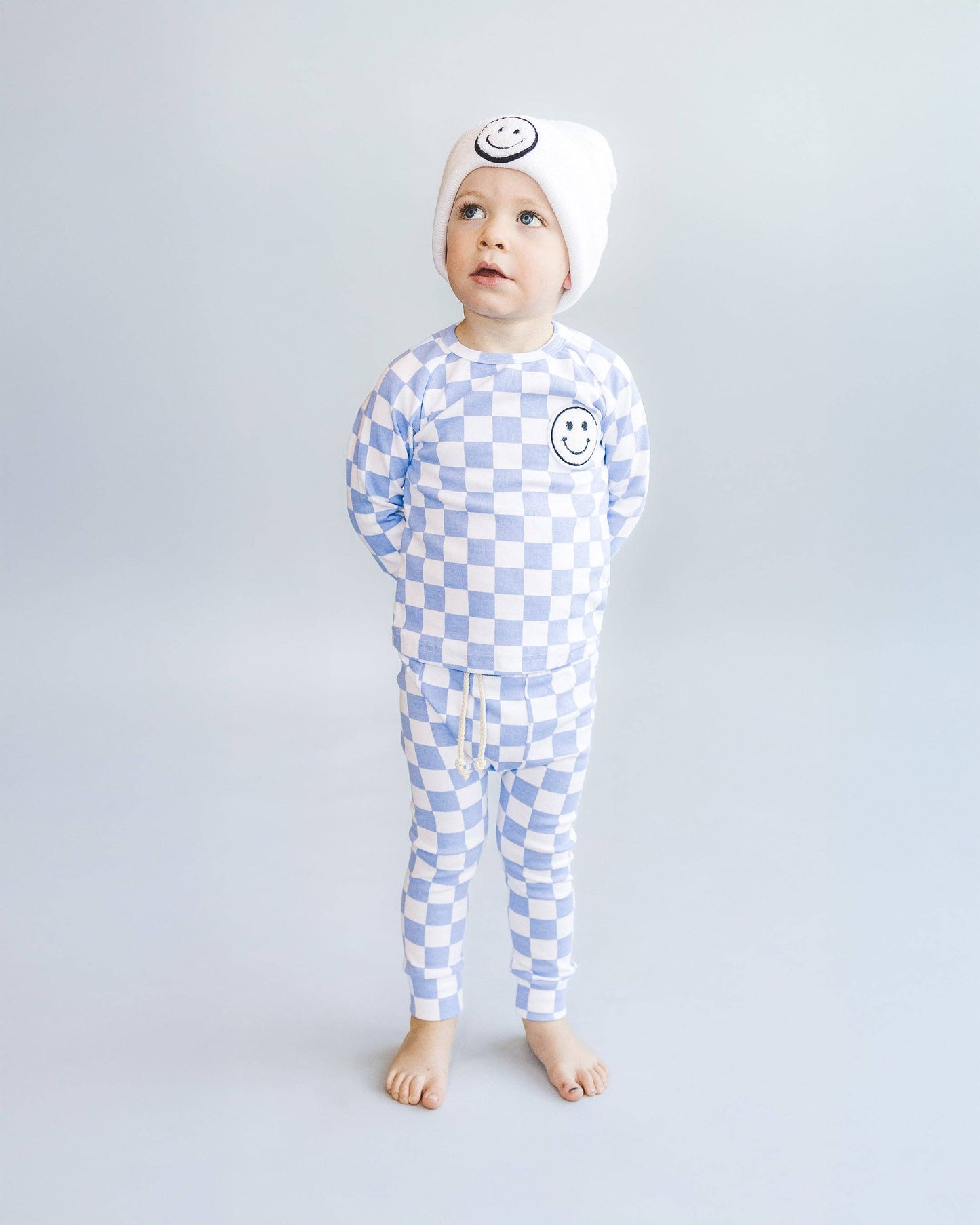 Lucky Panda Kids Checkered Smiley Lounge Set | Blue