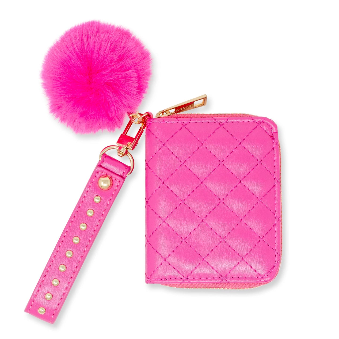 Quilted Stud Strap Wallet with Pom-Pom