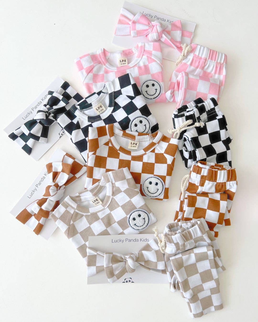 Lucky Panda Kids Checkered Smiley Lounge Set | Pink