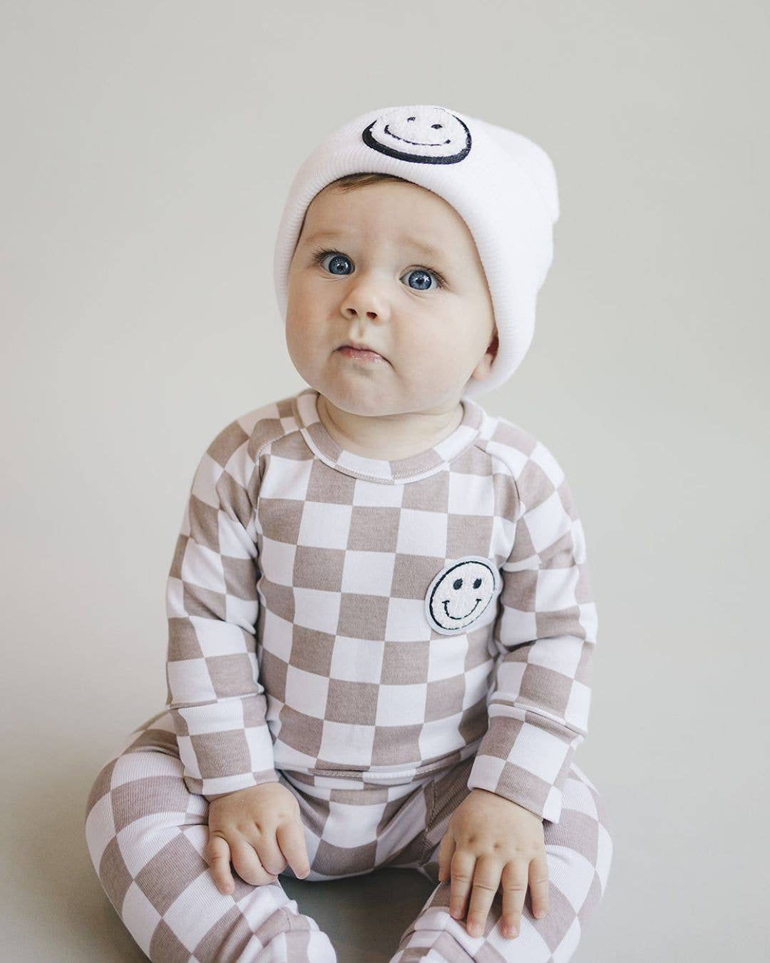 Lucky Panda Kids Checkered Smiley Lounge Set | Latte