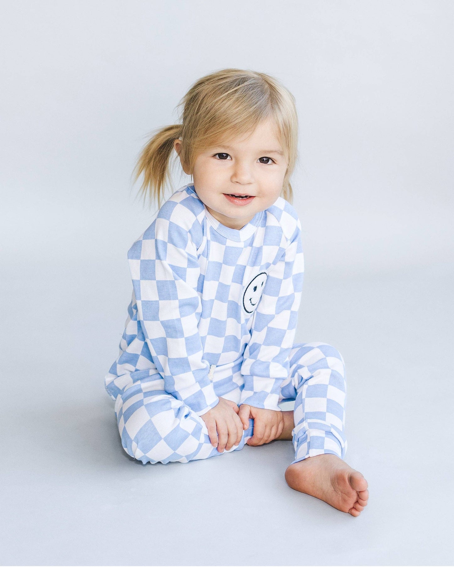 Lucky Panda Kids Checkered Smiley Lounge Set | Blue