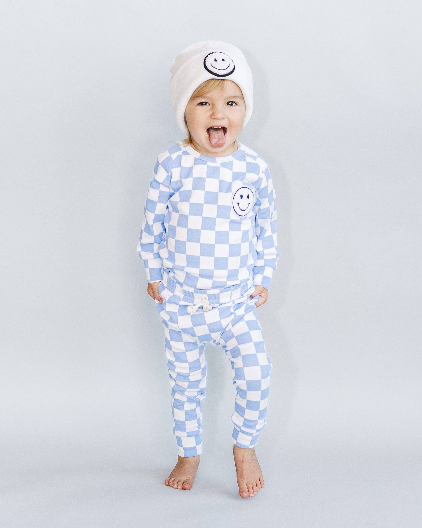 Lucky Panda Kids Checkered Smiley Lounge Set | Blue
