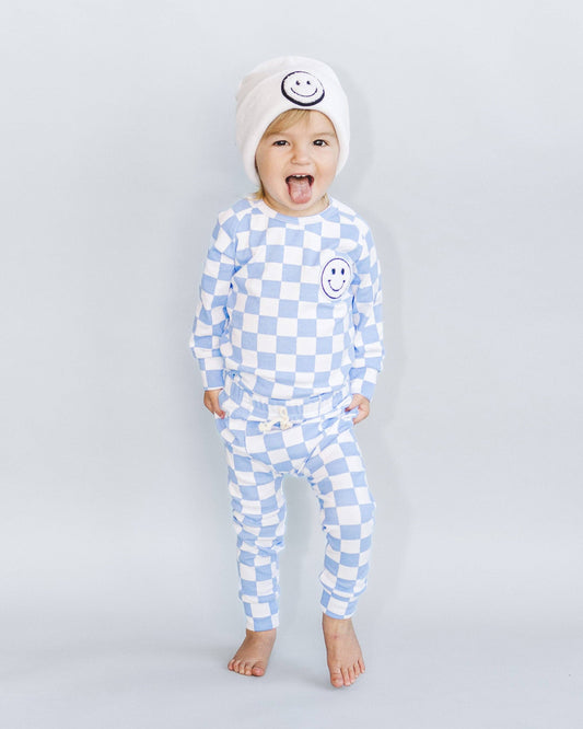 Lucky Panda Kids Checkered Smiley Lounge Set | Blue