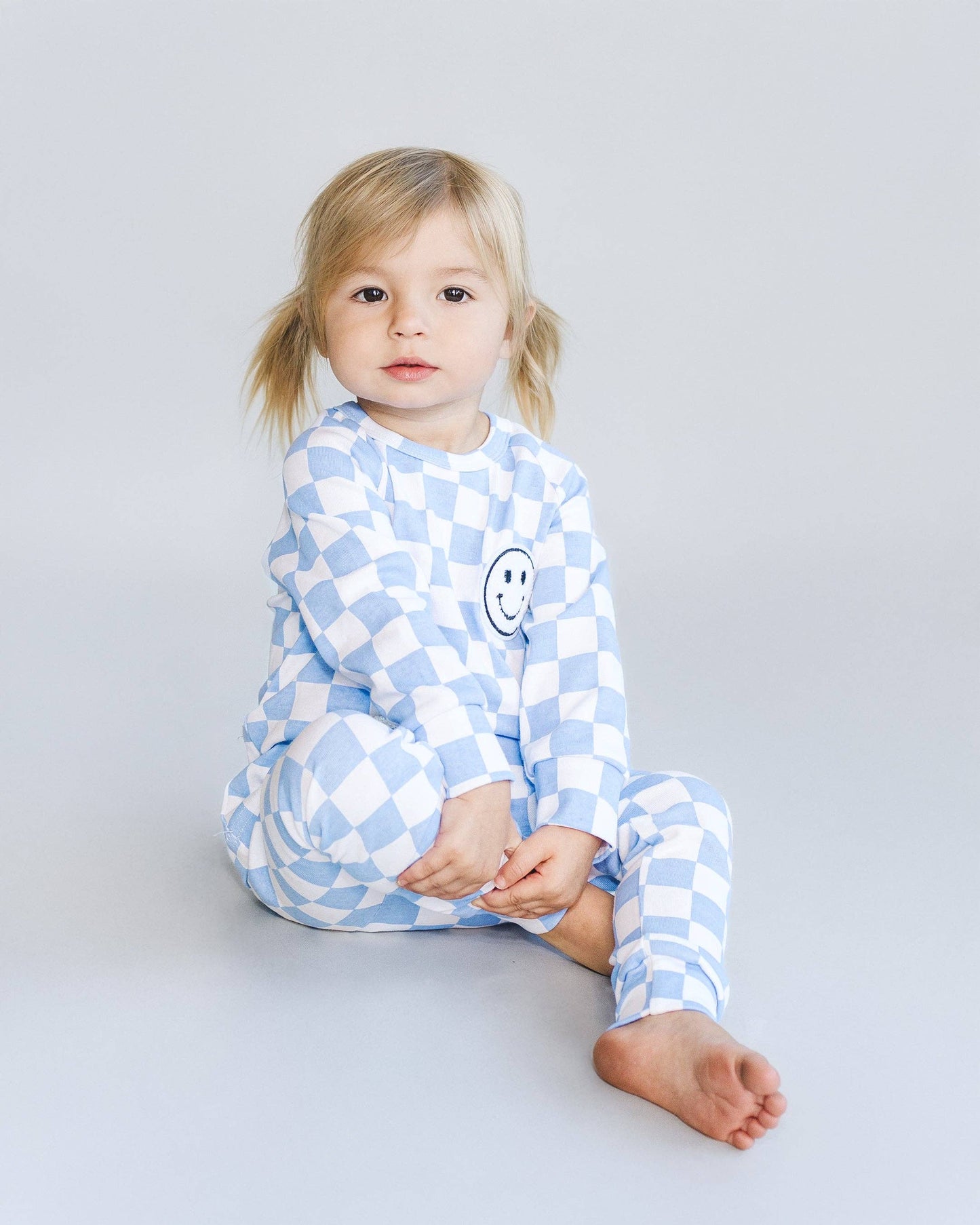 Lucky Panda Kids Checkered Smiley Lounge Set | Blue