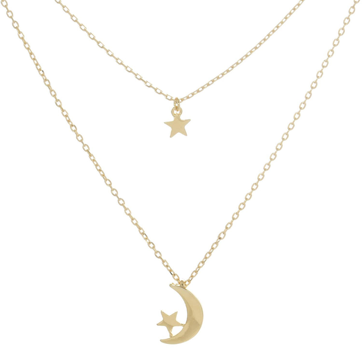 Gold Dipped Moon and Star Layered Necklace