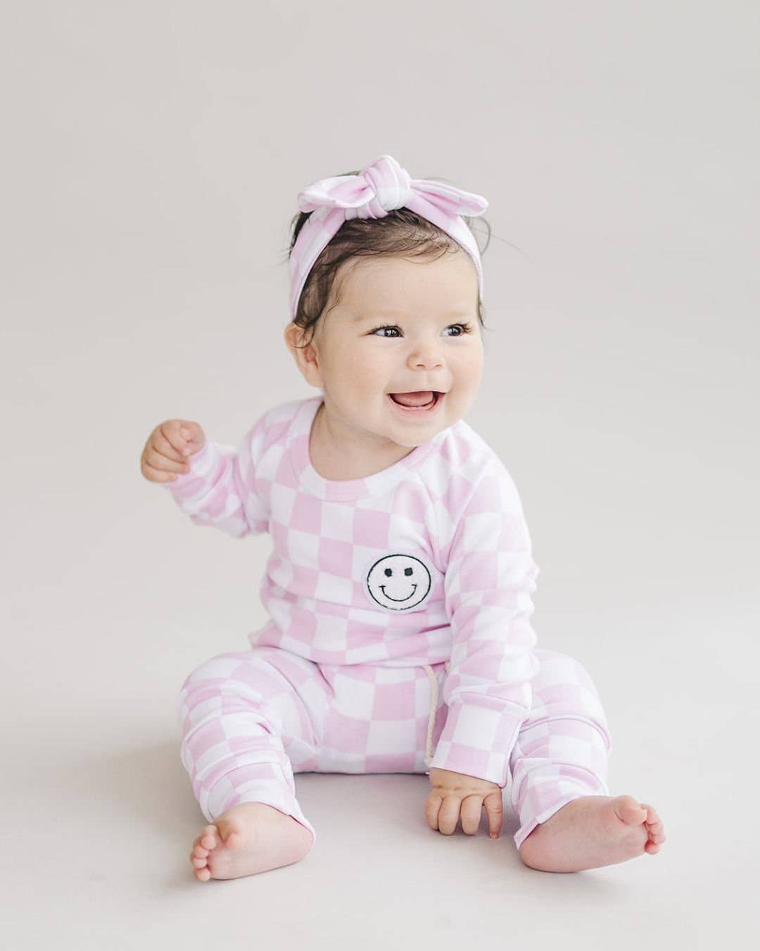 Lucky Panda Kids Checkered Smiley Lounge Set | Pink