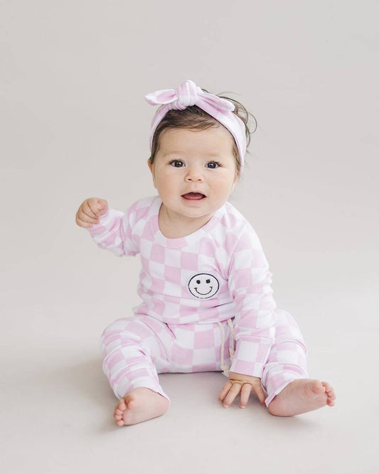 Lucky Panda Kids Checkered Smiley Lounge Set | Pink