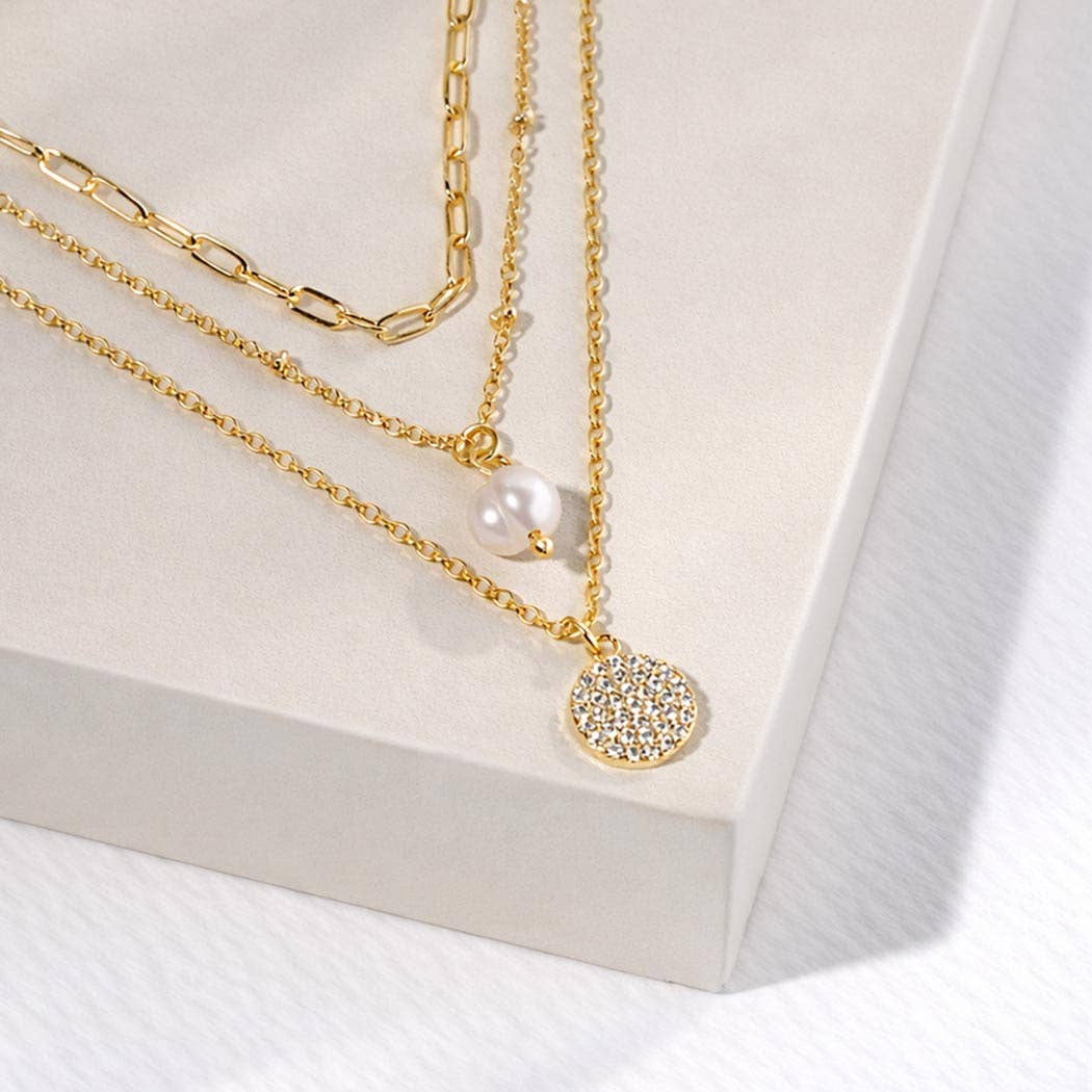 Gold-Dipped Layered Pearl Necklace - Triple Layered Chain