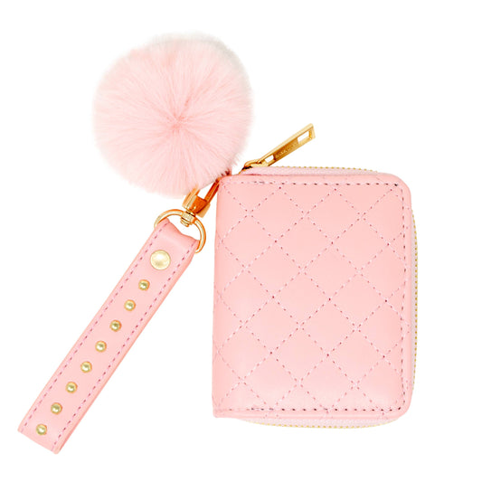 Quilted Stud Strap Wallet with Pom-Pom