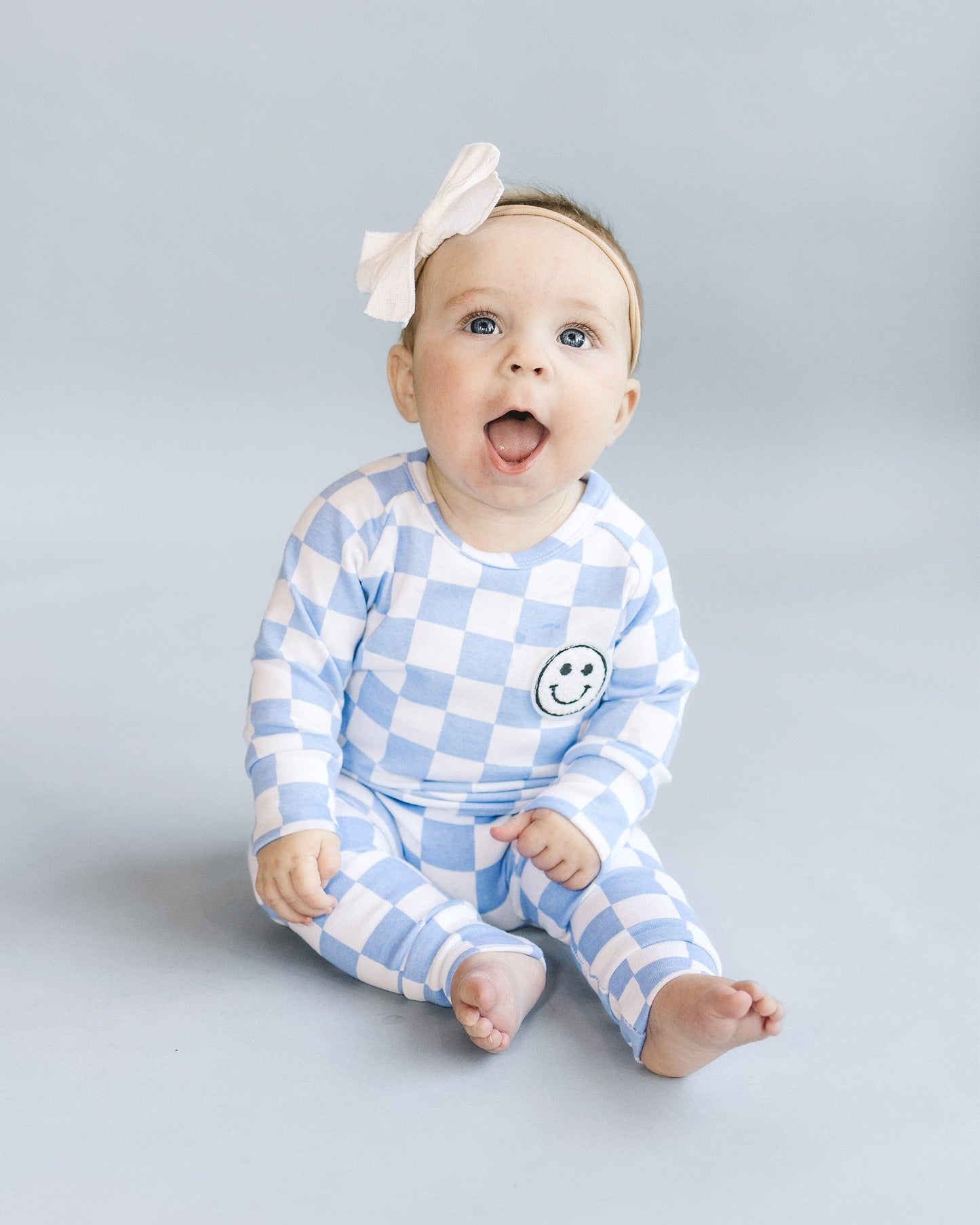 Lucky Panda Kids Checkered Smiley Lounge Set | Blue