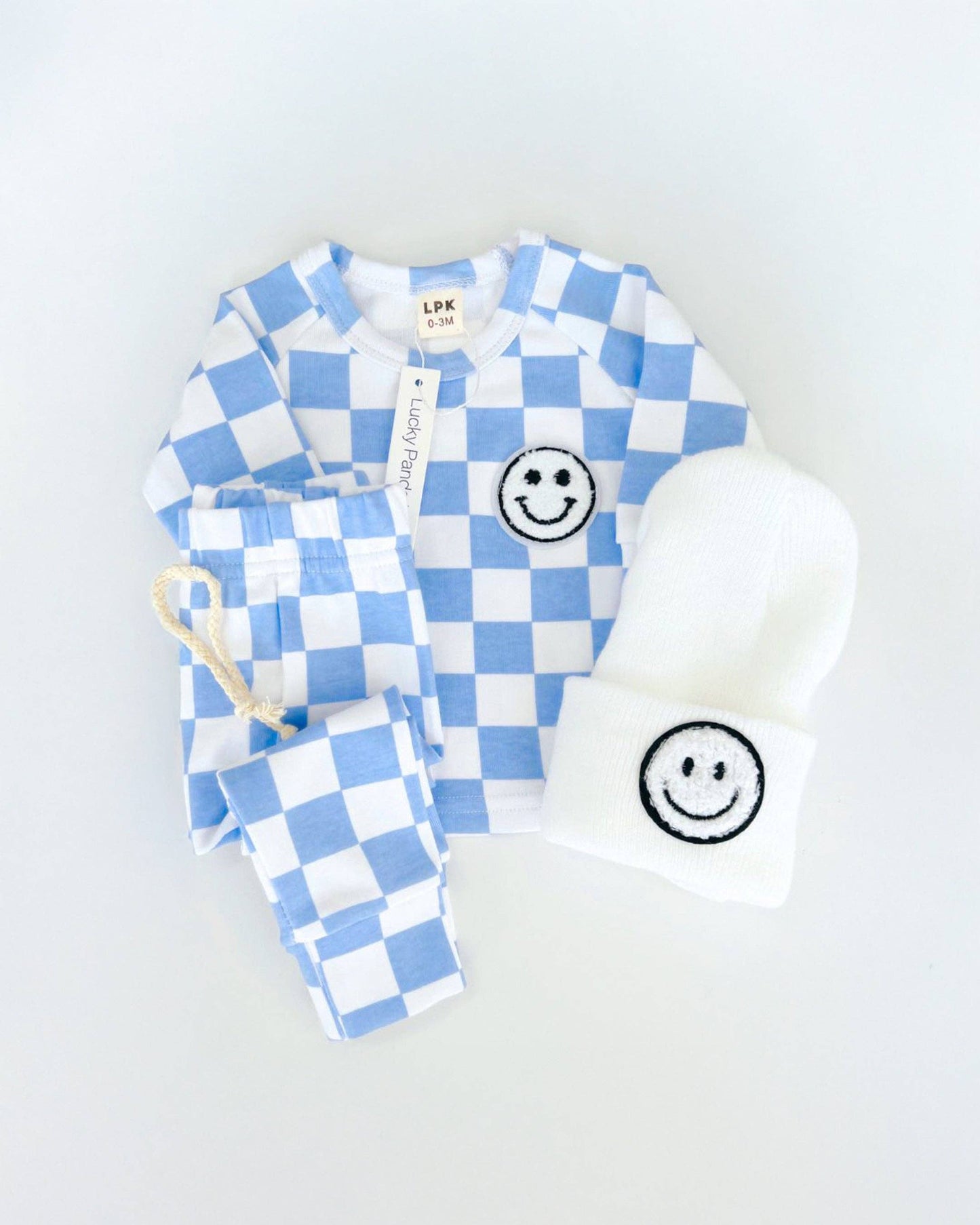 Lucky Panda Kids Checkered Smiley Lounge Set | Blue