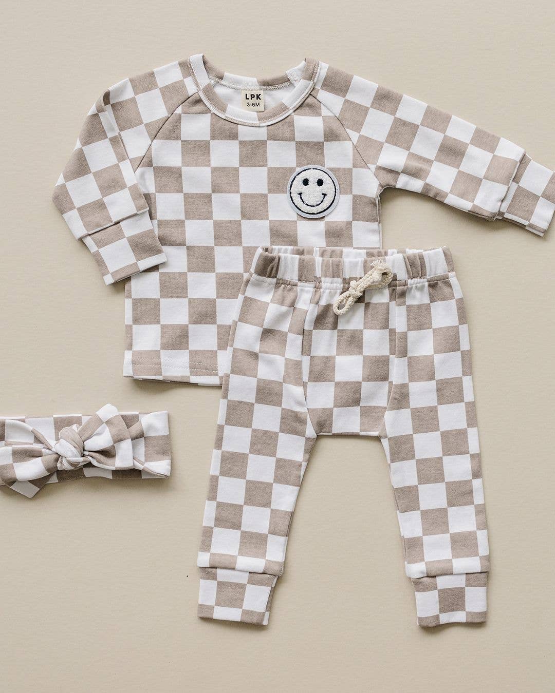 Lucky Panda Kids Checkered Smiley Lounge Set | Latte