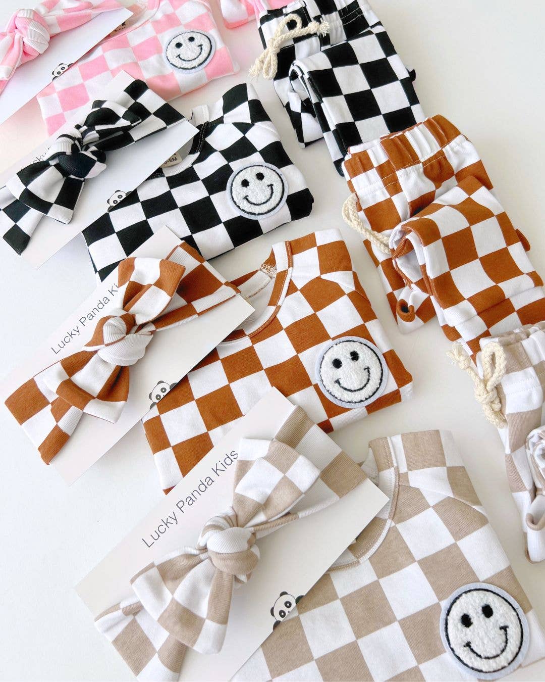 Lucky Panda Kids Checkered Smiley Lounge Set | Latte