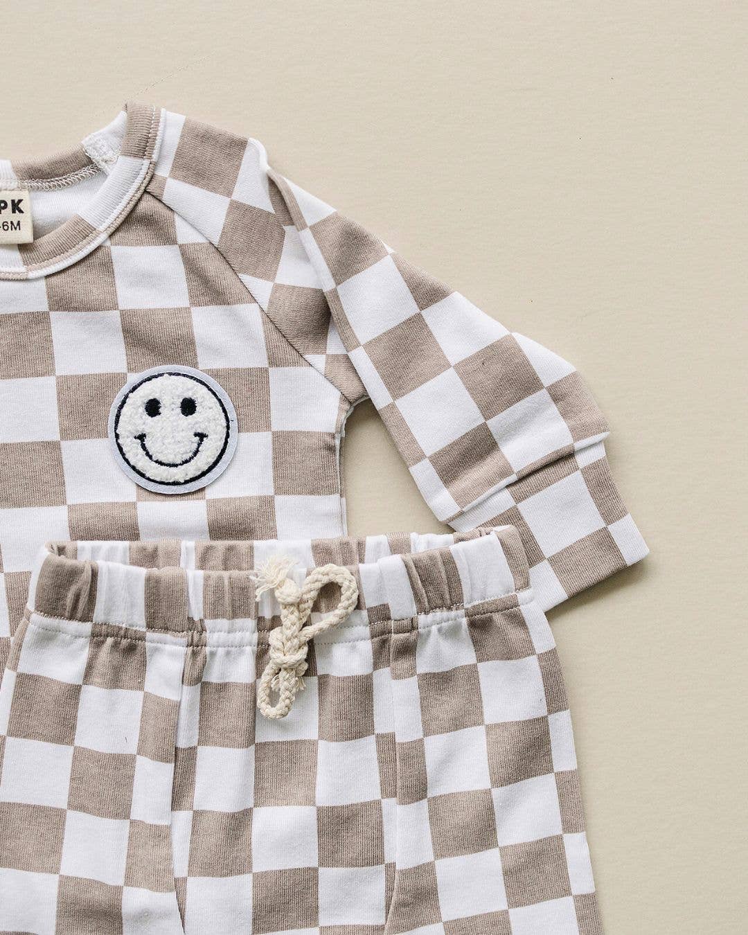 Lucky Panda Kids Checkered Smiley Lounge Set | Latte