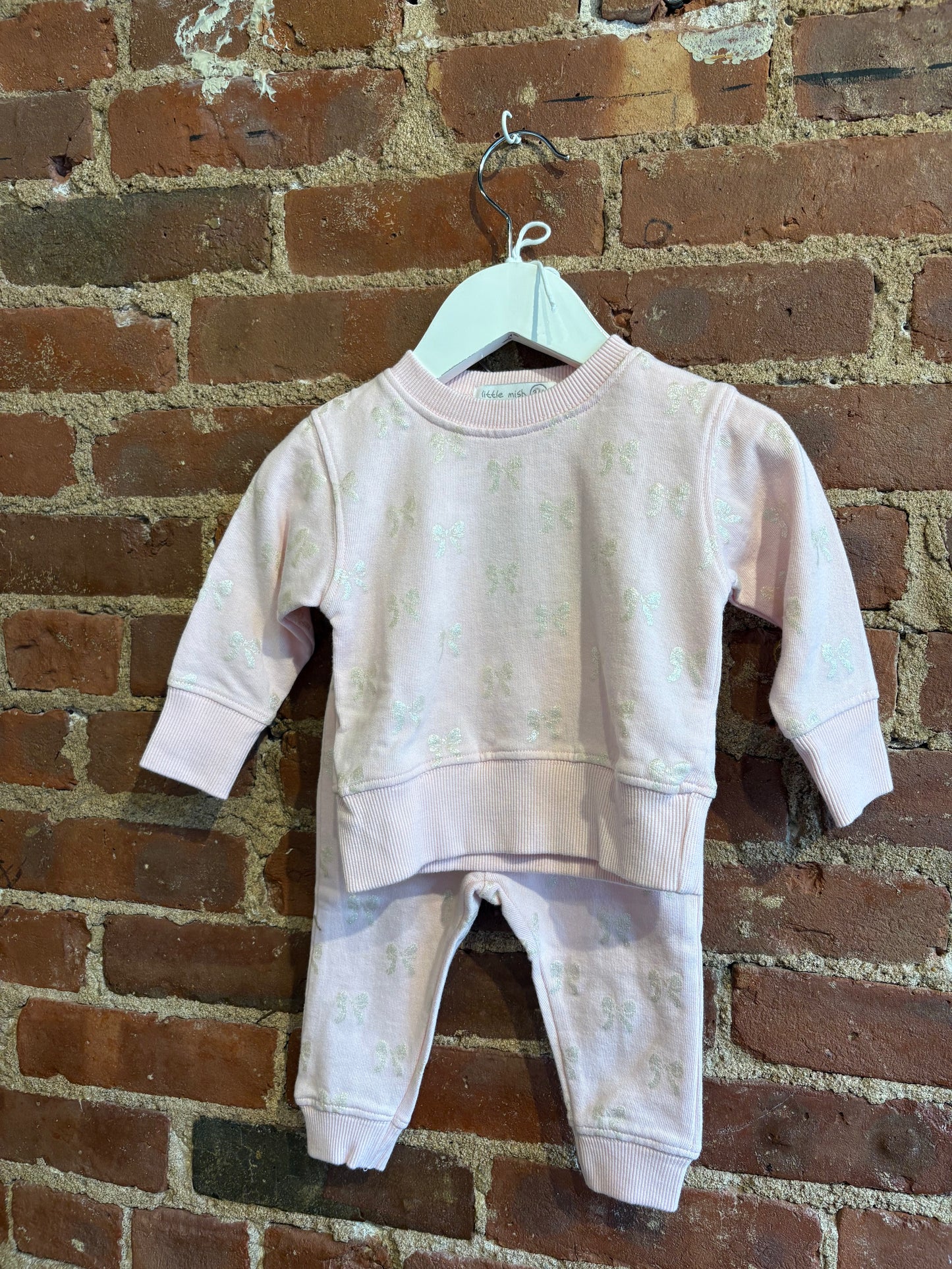 Little Mish Lt Pink metallic bow sweatsuit