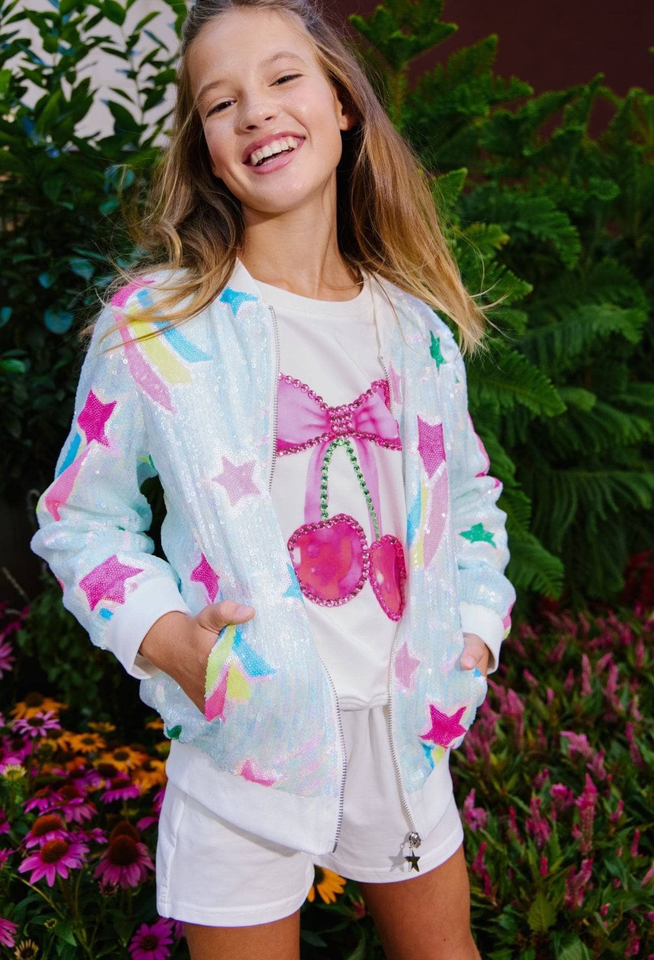 Rainbow Shooting Star Sequin Bomber