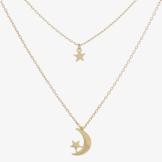 Gold Dipped Moon and Star Layered Necklace
