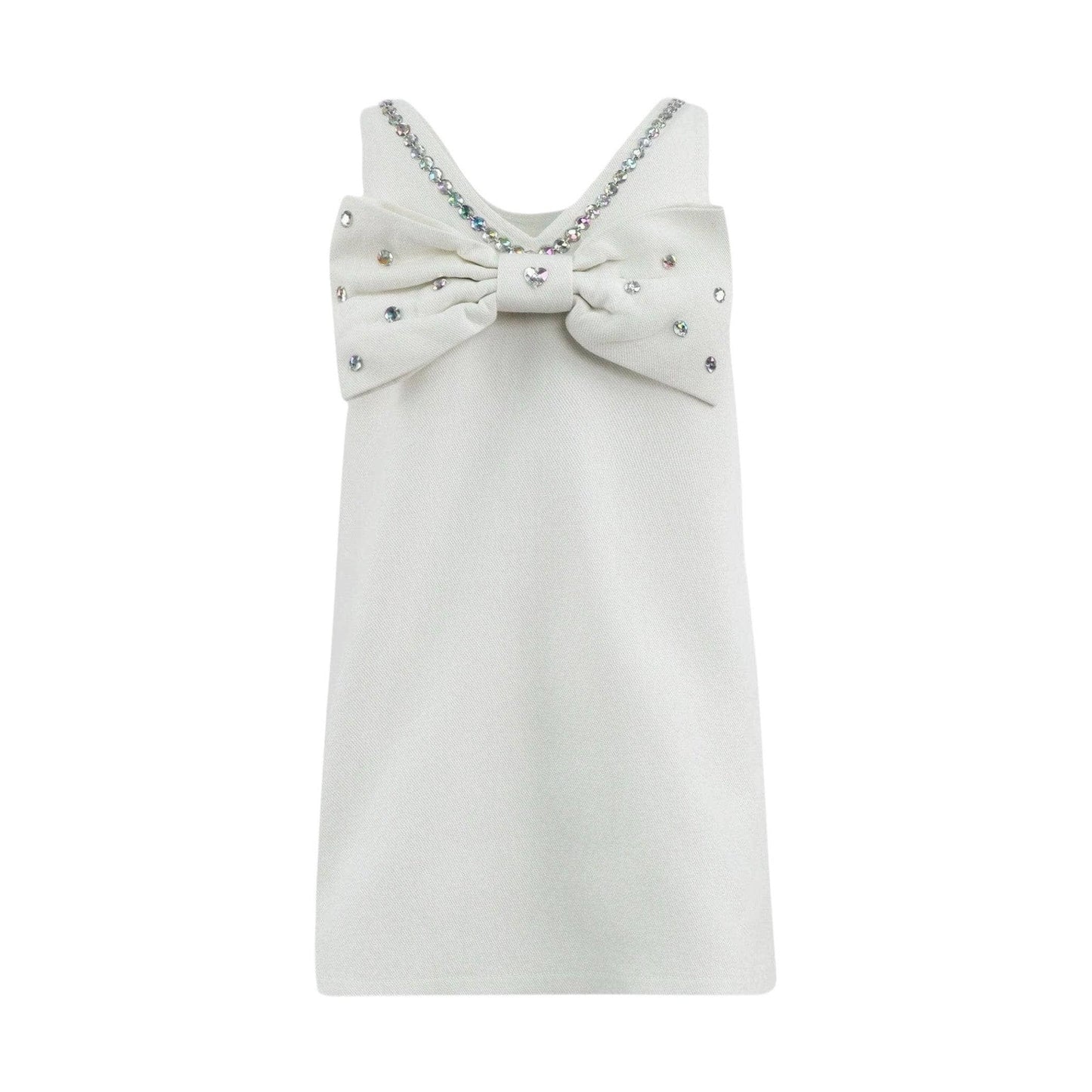 White Crystal Heart Denim Bow Dress