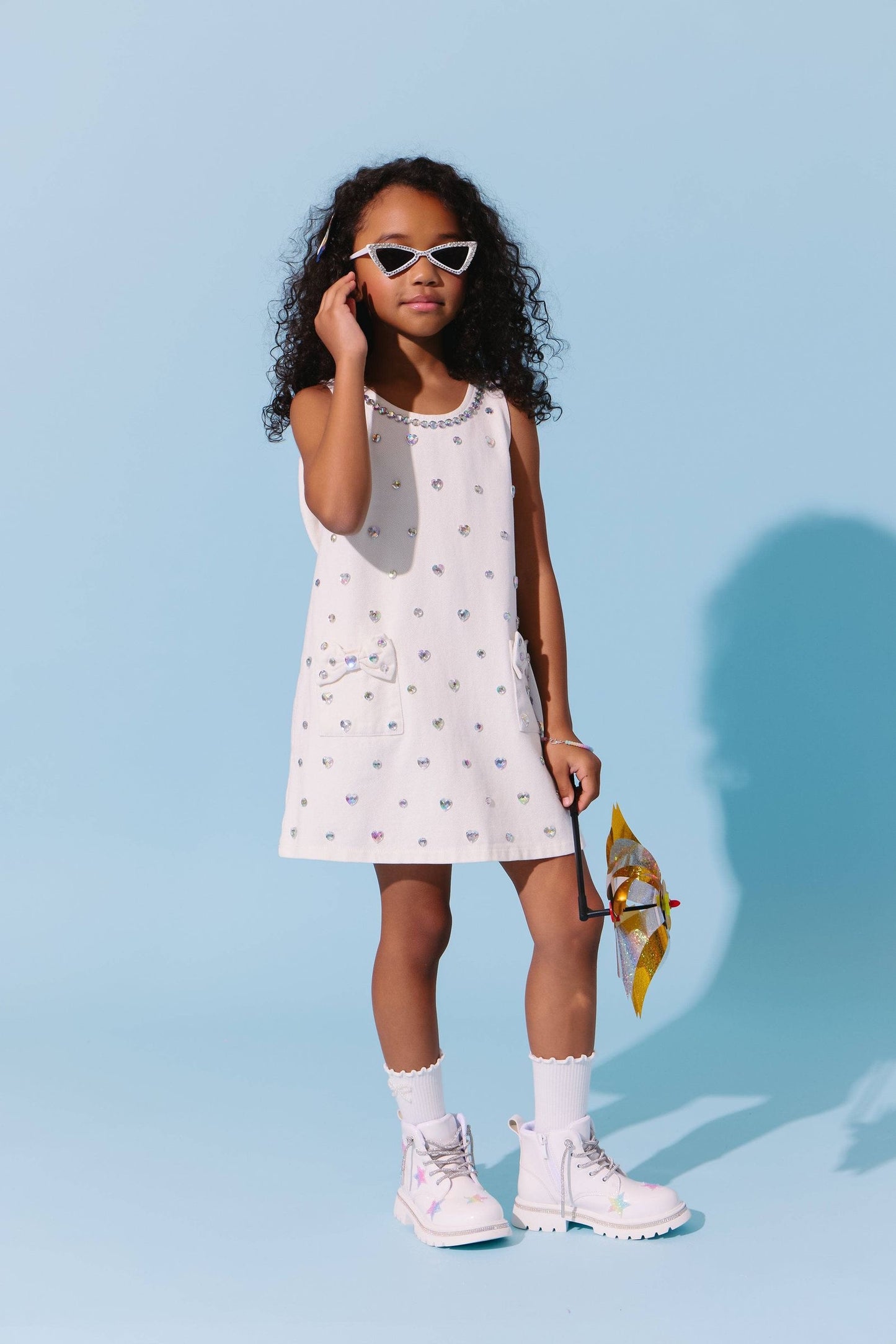 White Crystal Heart Denim Bow Dress