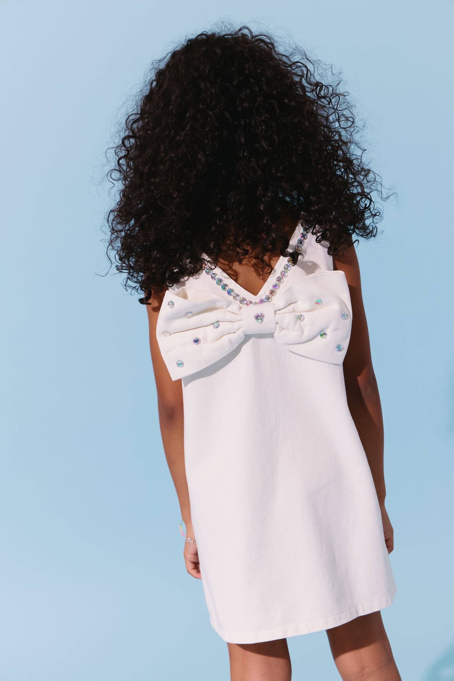 White Crystal Heart Denim Bow Dress