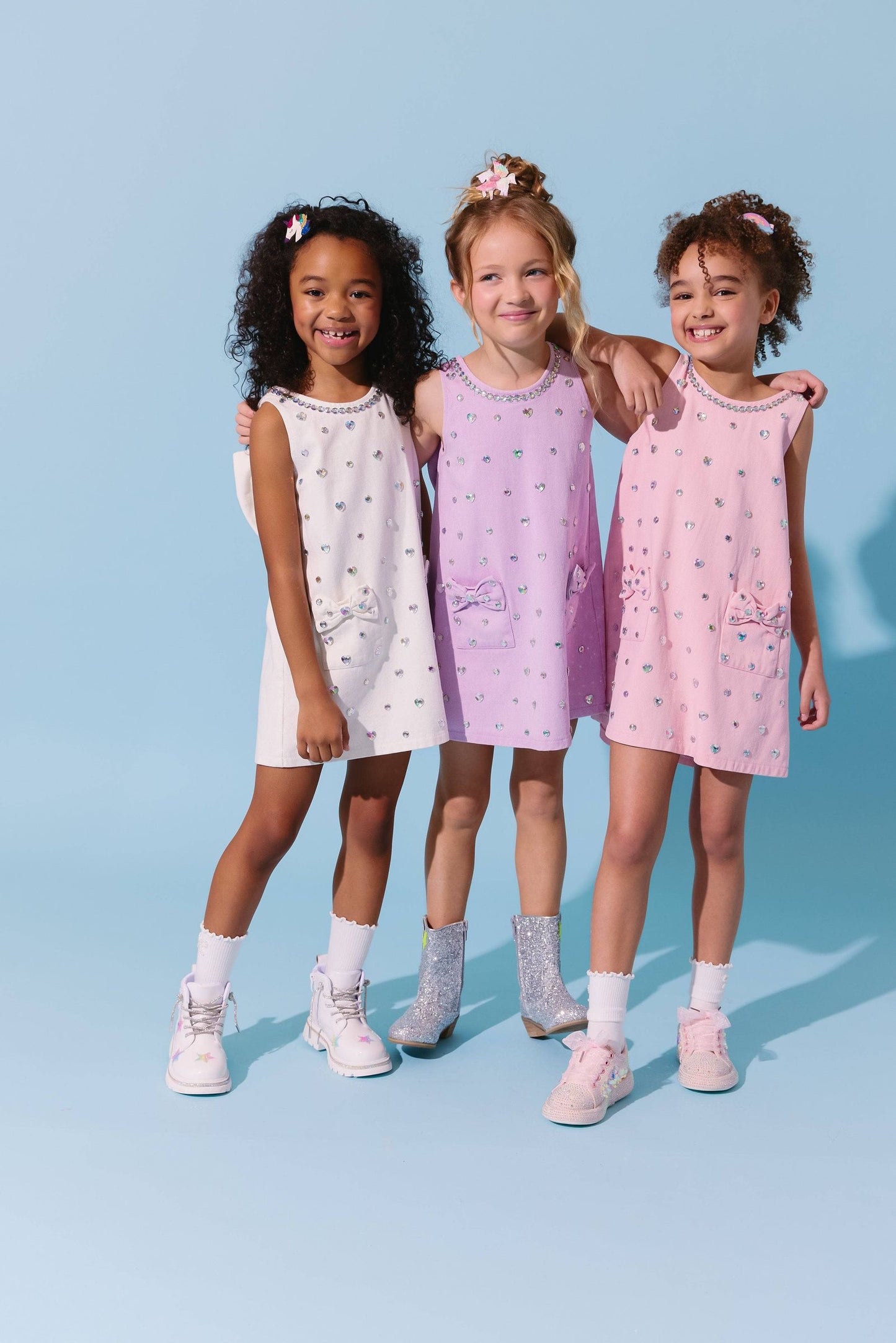 White Crystal Heart Denim Bow Dress