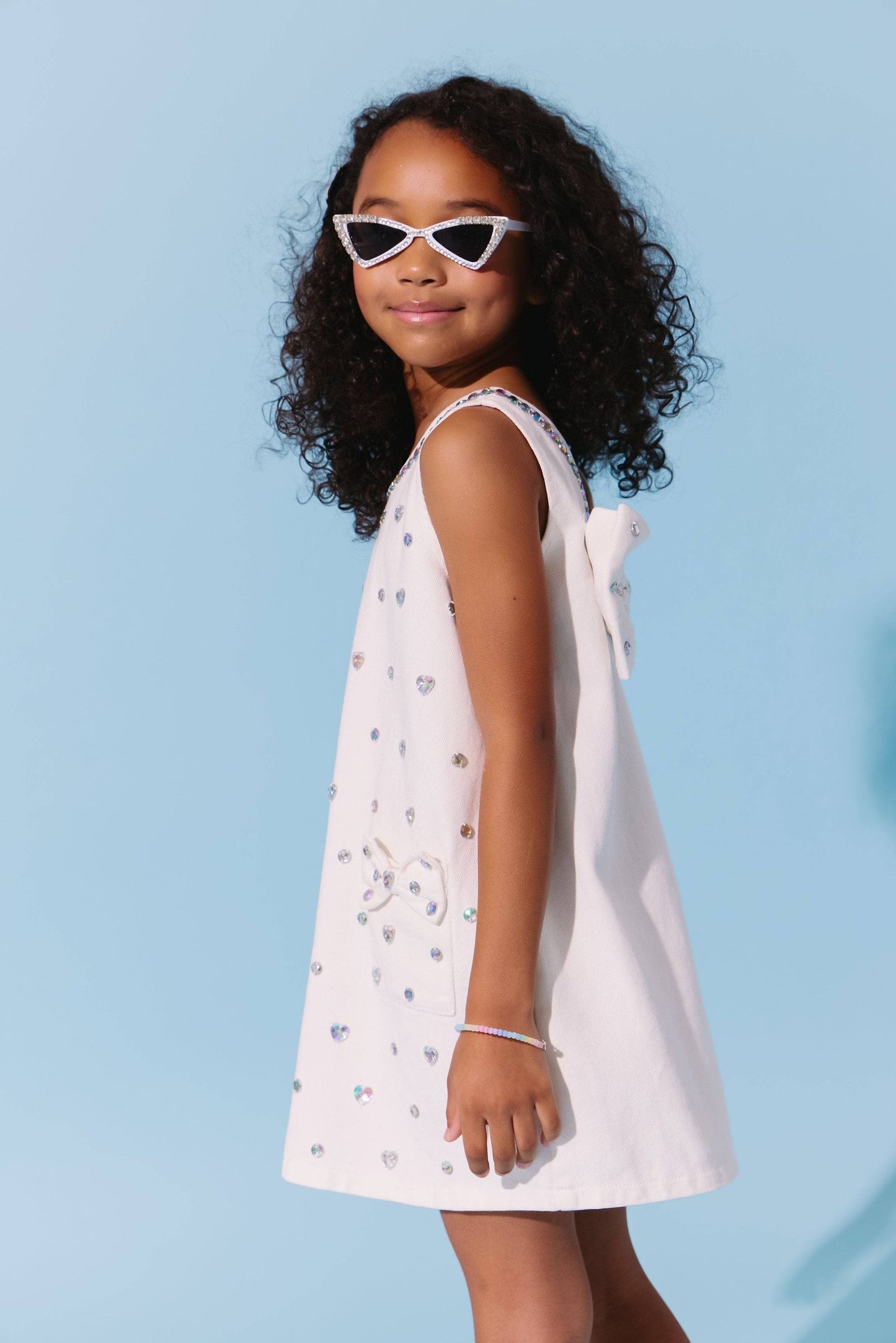 White Crystal Heart Denim Bow Dress
