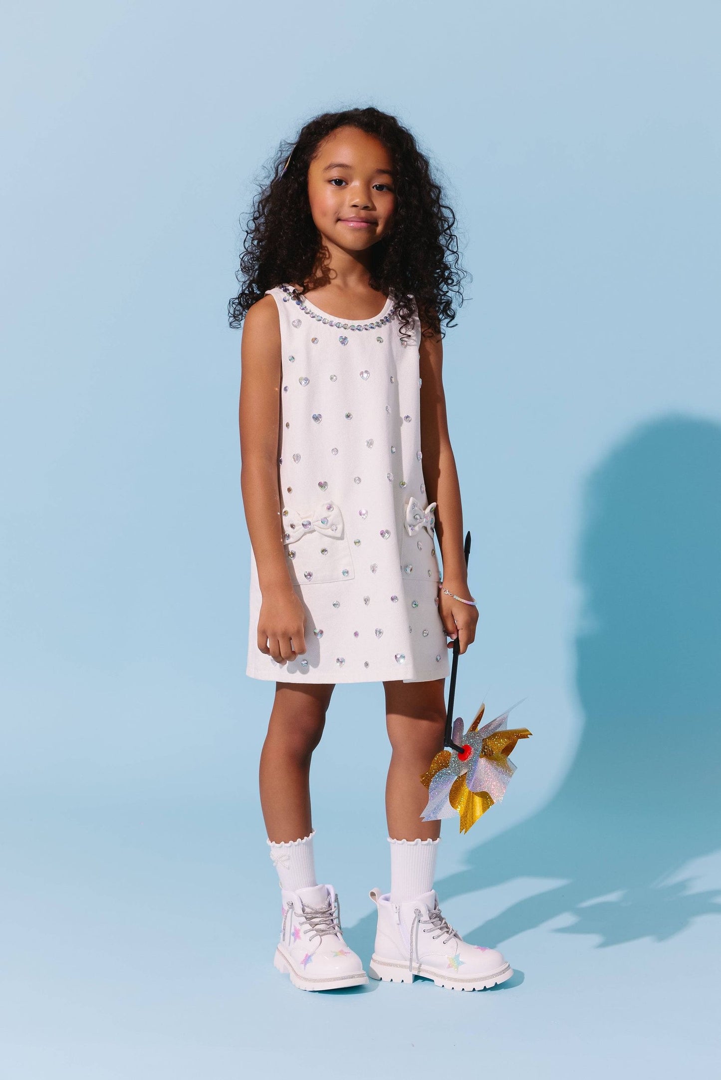 White Crystal Heart Denim Bow Dress