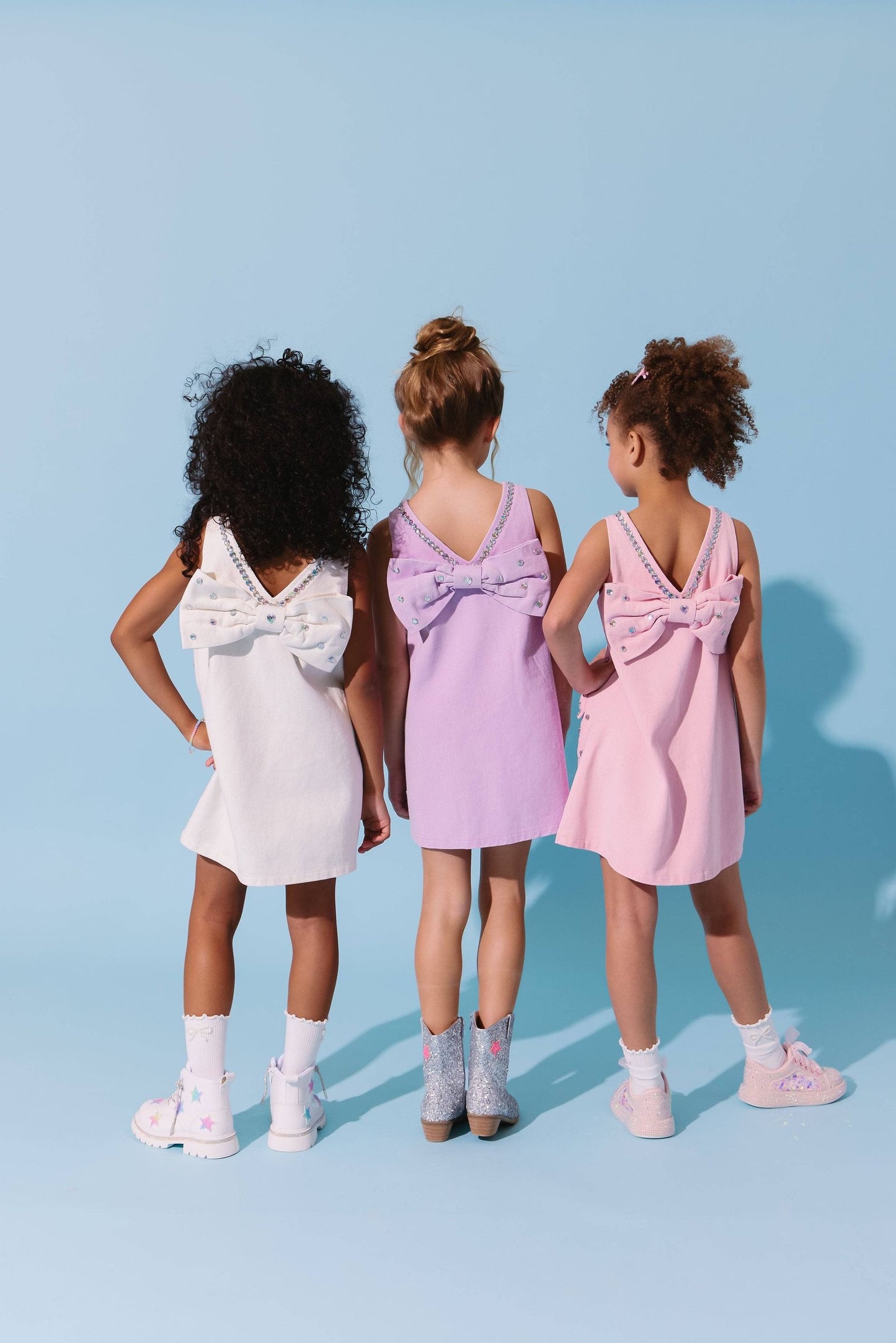 White Crystal Heart Denim Bow Dress