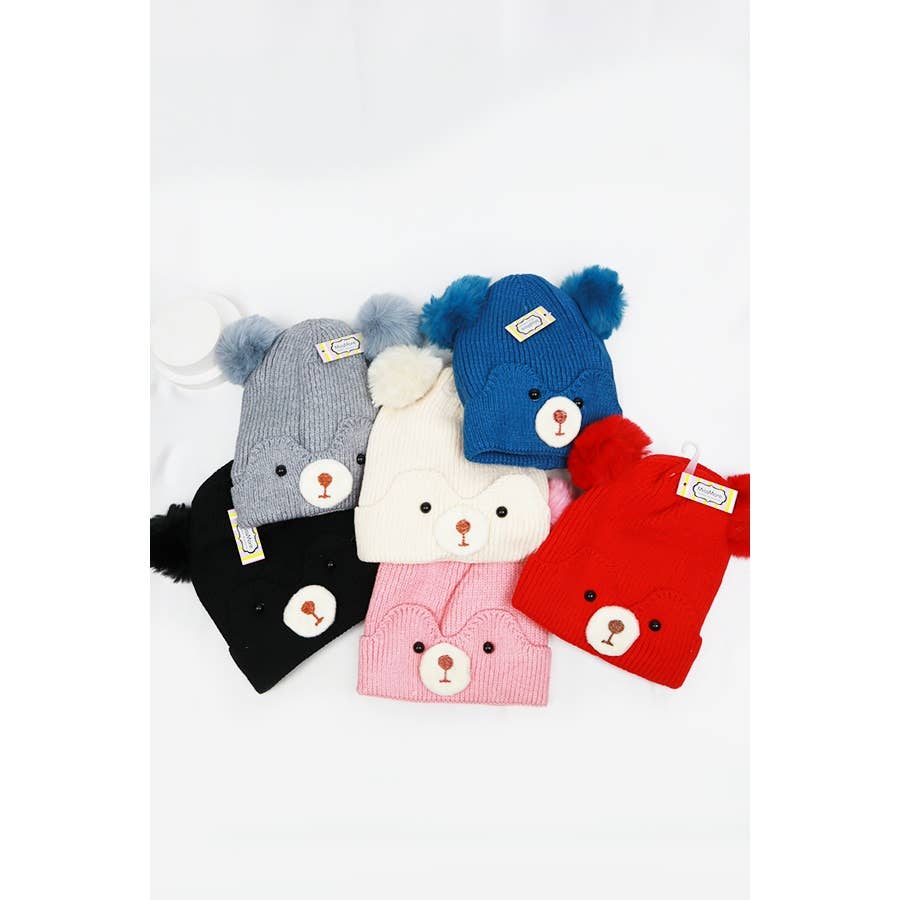 Kids Bear Pom Pom Knit Beanie