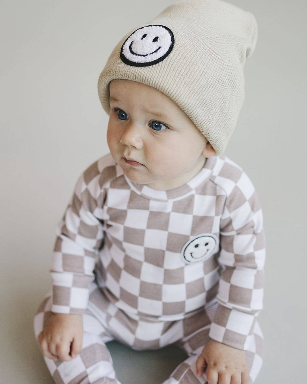 Lucky Panda Kids Checkered Smiley Lounge Set | Latte