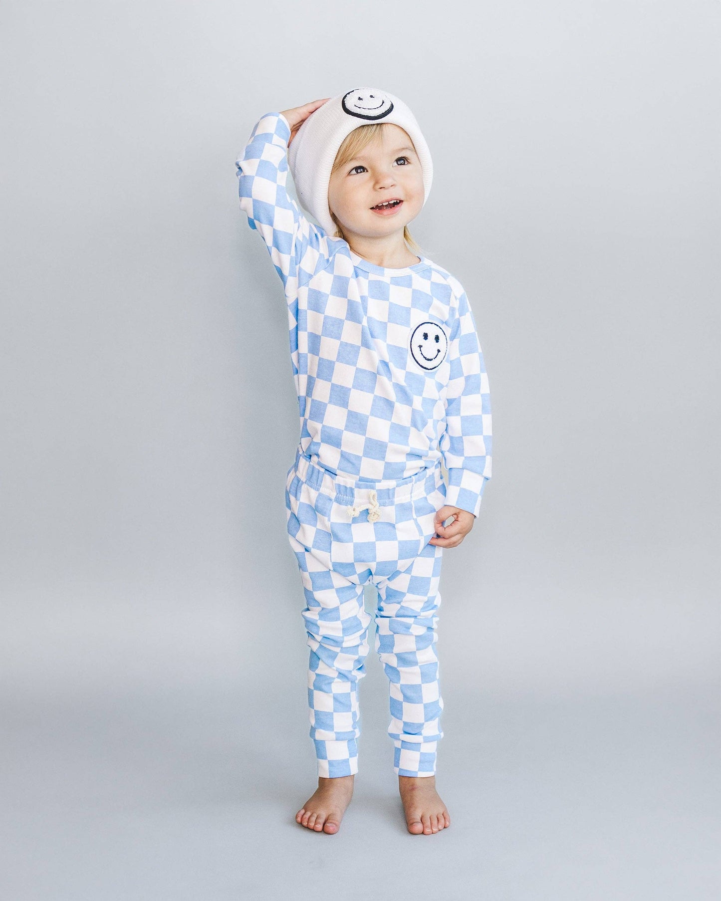 Lucky Panda Kids Checkered Smiley Lounge Set | Blue