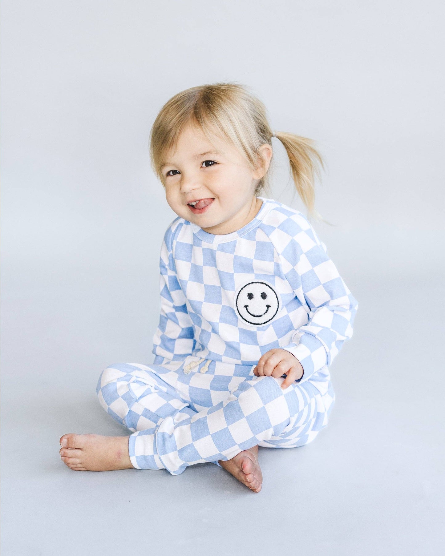Lucky Panda Kids Checkered Smiley Lounge Set | Blue