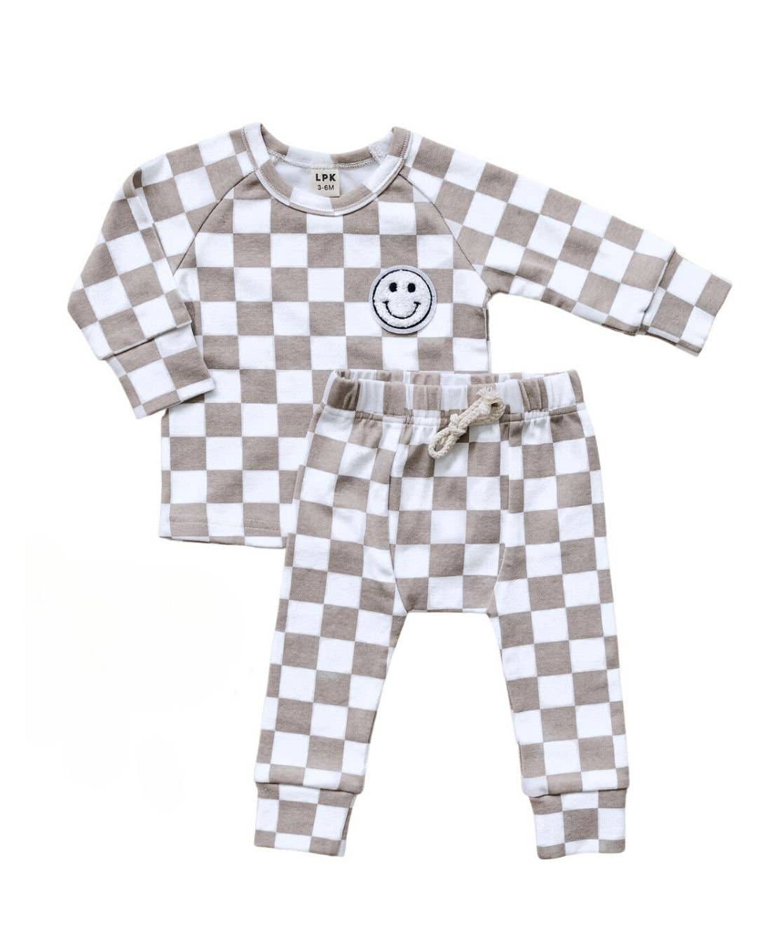 Lucky Panda Kids Checkered Smiley Lounge Set | Latte