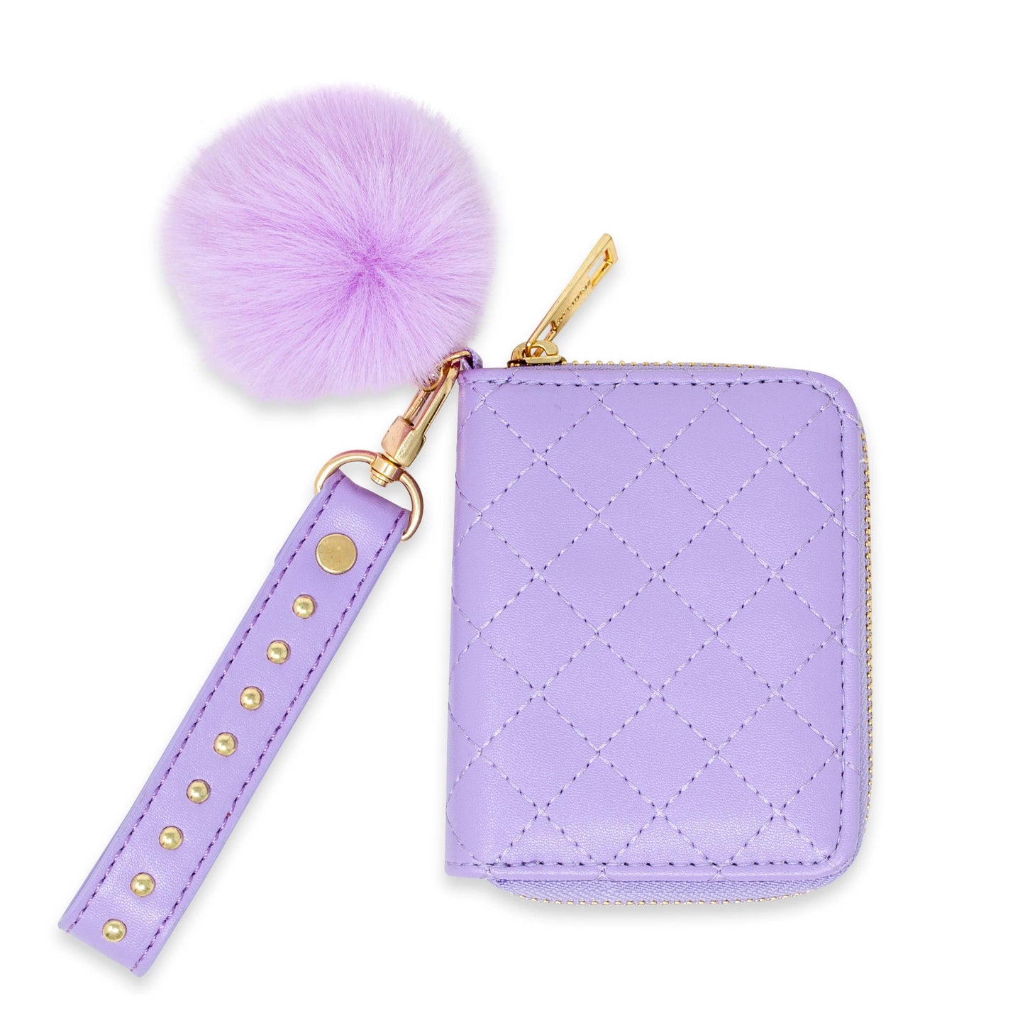 Quilted Stud Strap Wallet with Pom-Pom