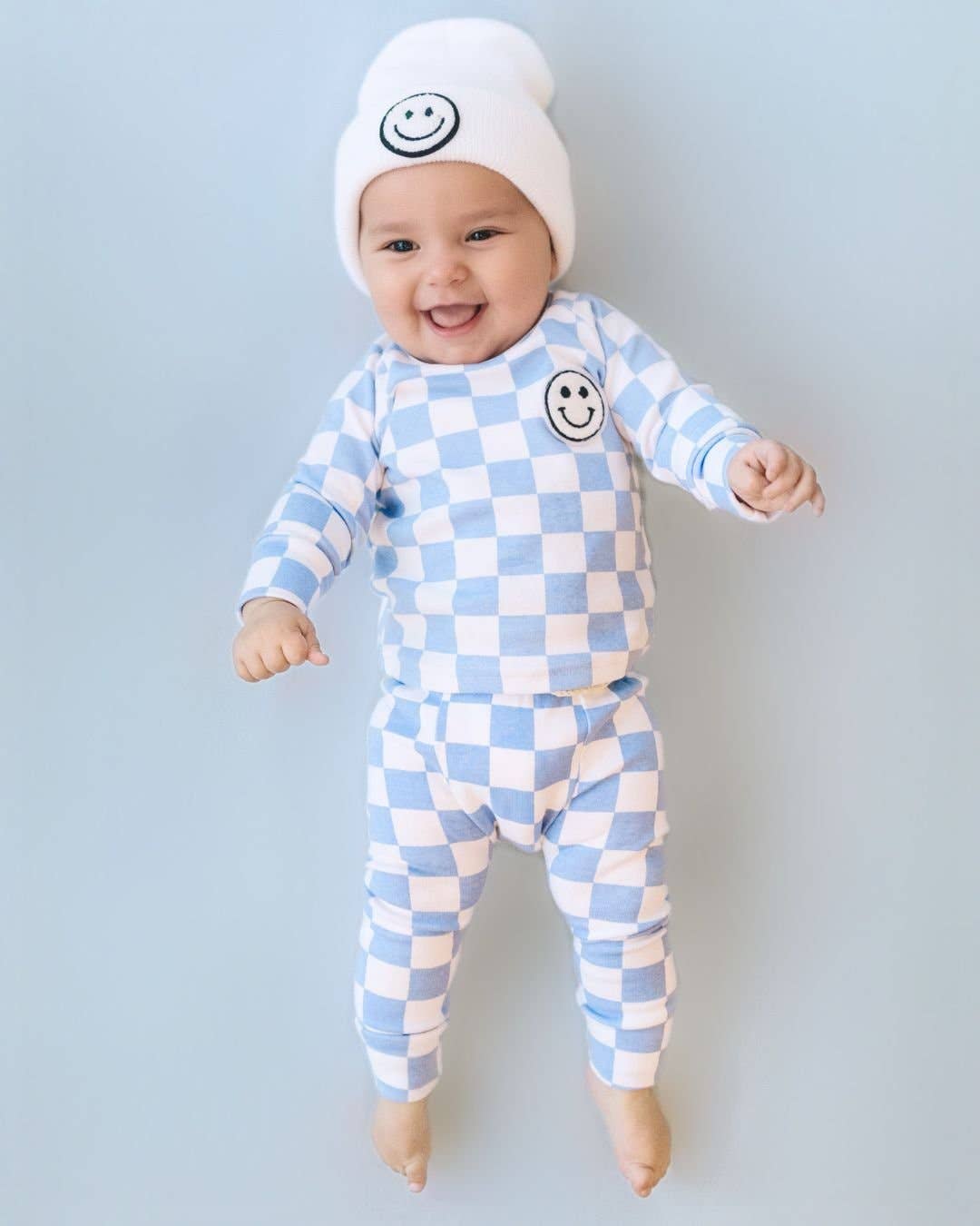 Lucky Panda Kids Checkered Smiley Lounge Set | Blue