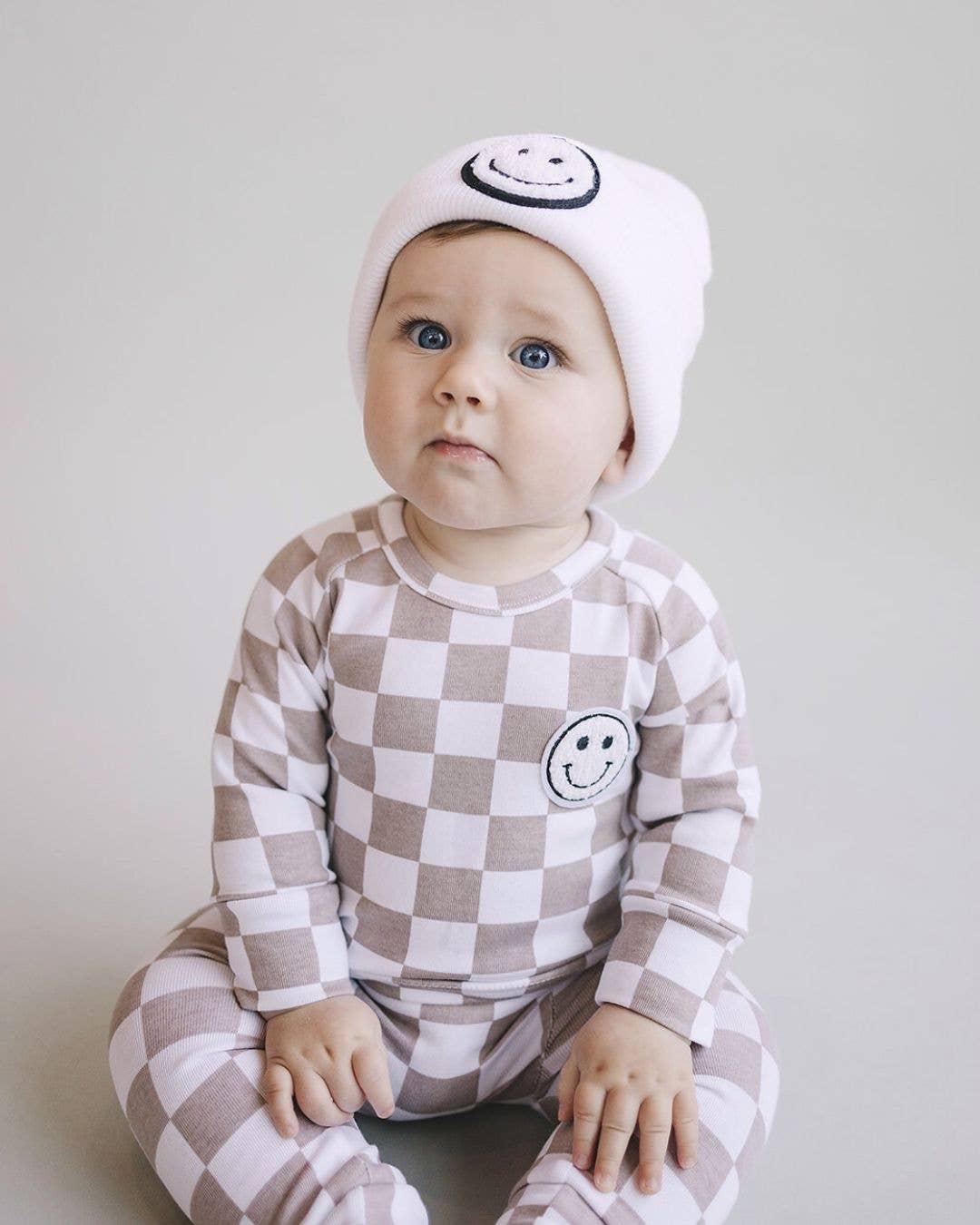 Lucky Panda Kids Checkered Smiley Lounge Set | Latte