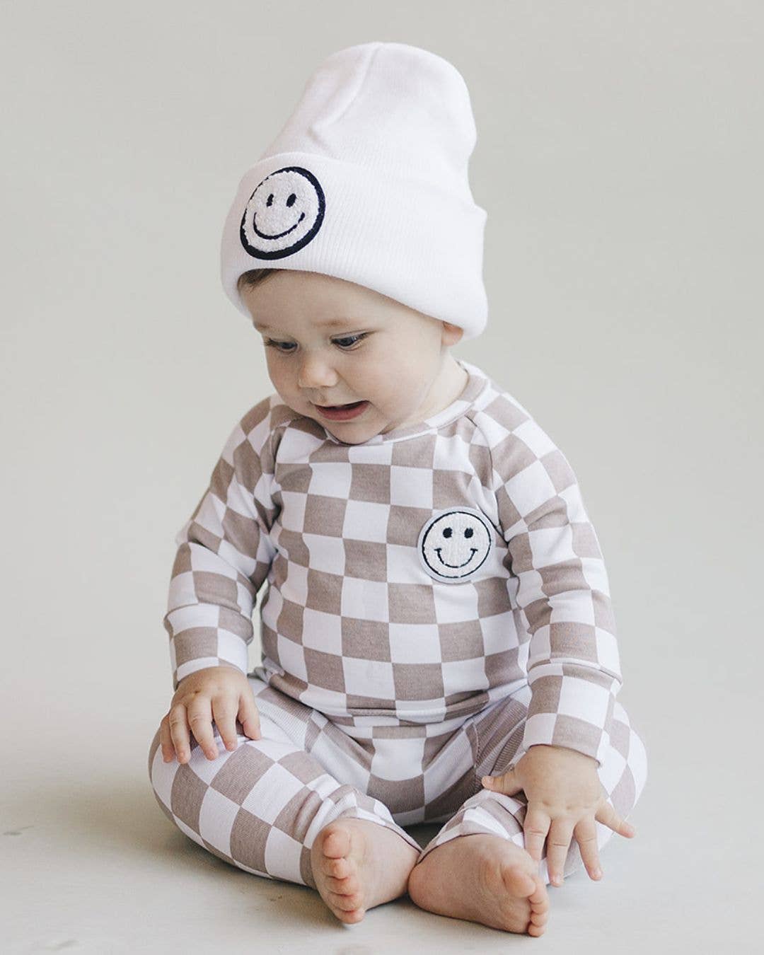 Lucky Panda Kids Checkered Smiley Lounge Set | Latte