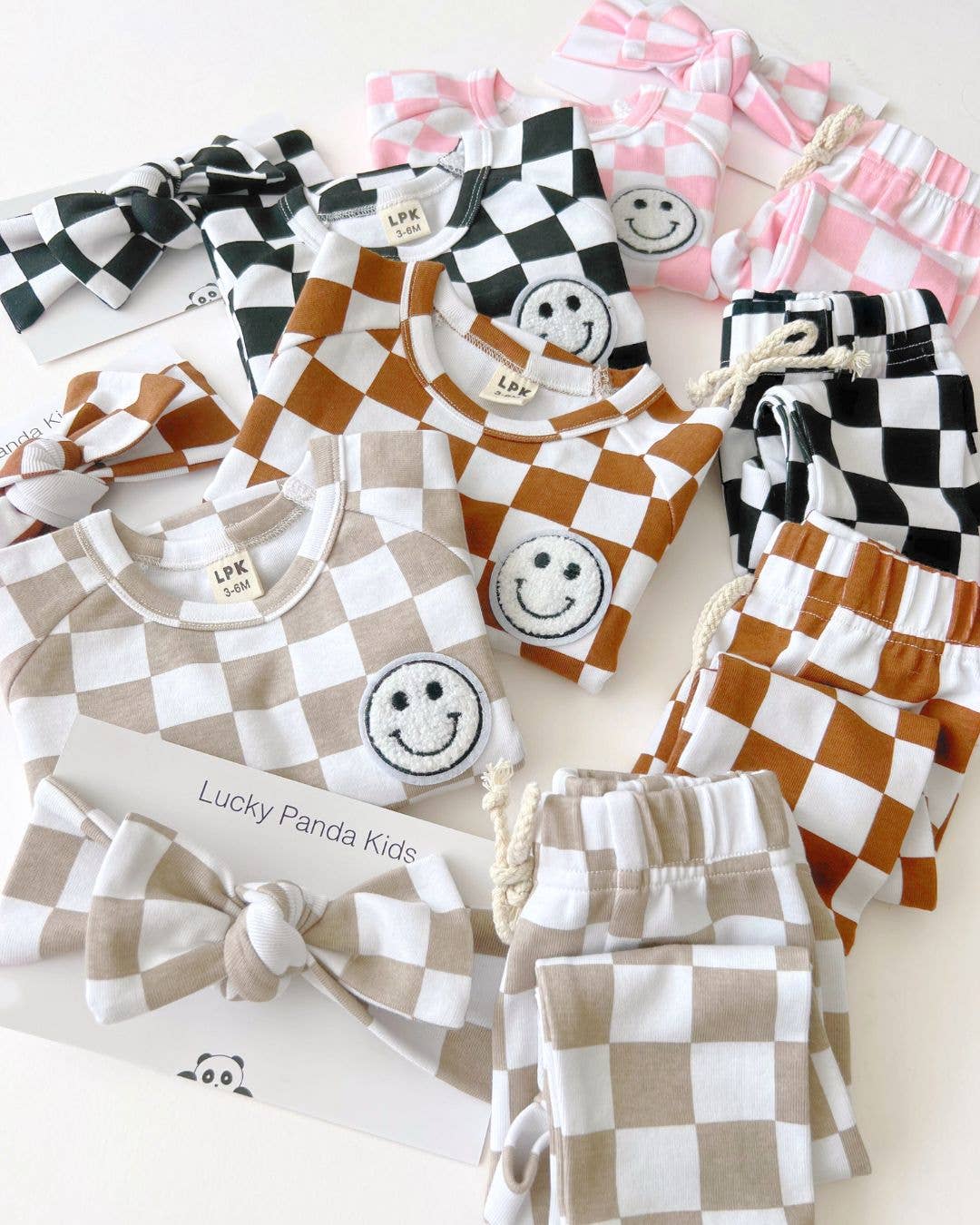 Lucky Panda Kids Checkered Smiley Lounge Set | Latte