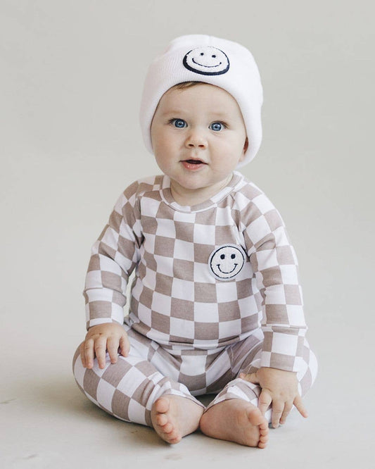 Lucky Panda Kids Checkered Smiley Lounge Set | Latte