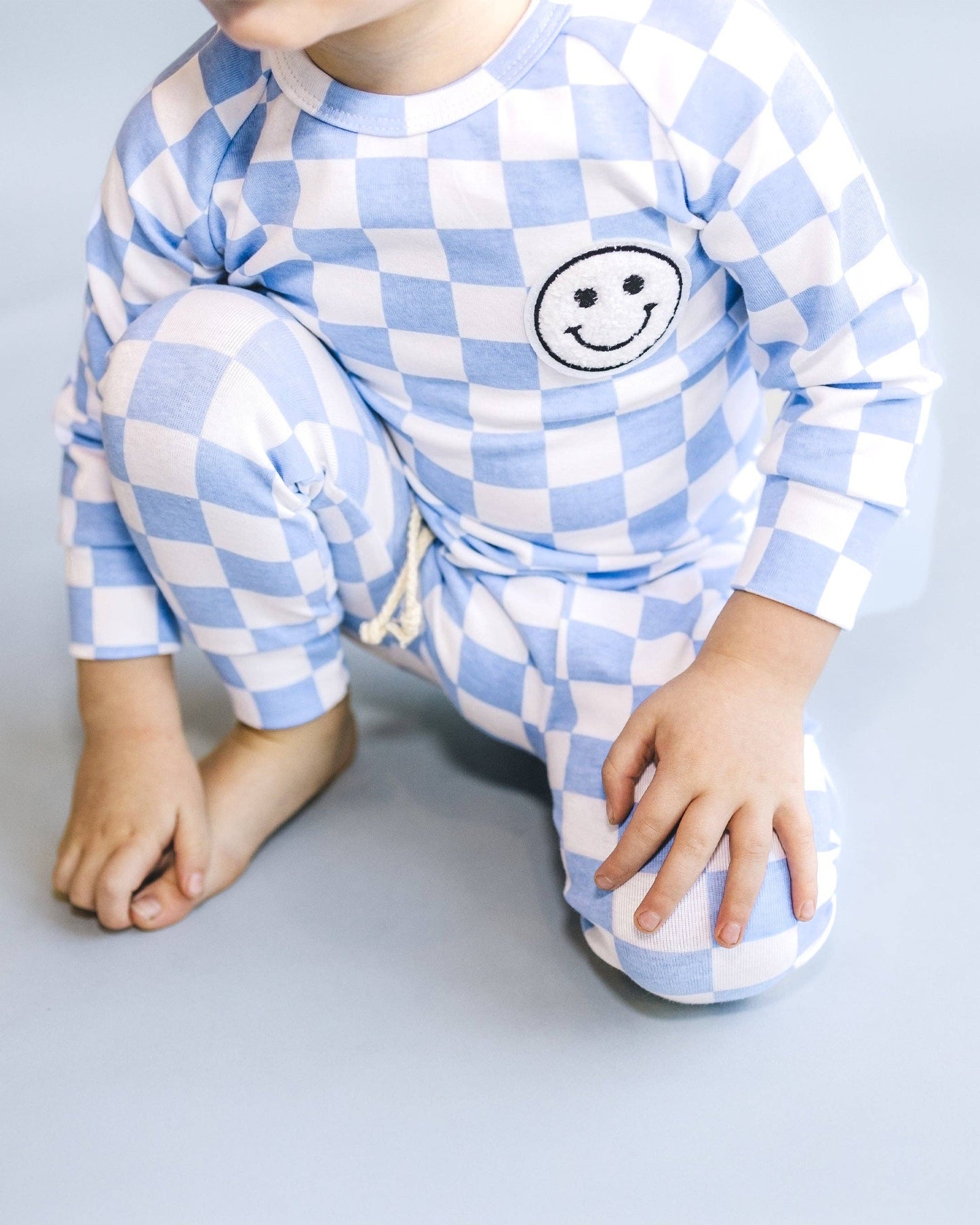 Lucky Panda Kids Checkered Smiley Lounge Set | Blue